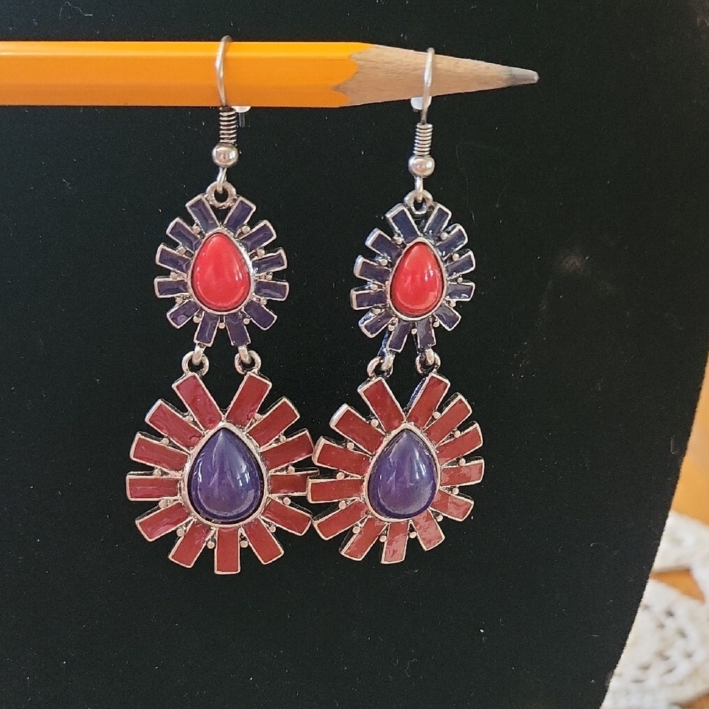Elegant Red and Blue Dangle Earrings. E